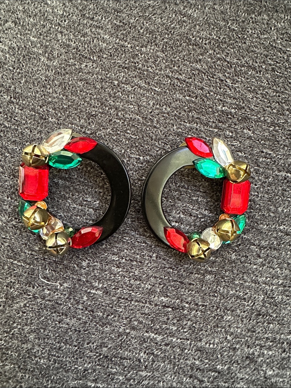 Black Hoop Earrings Red & Green Crystal Accents vintage Christmas wreath